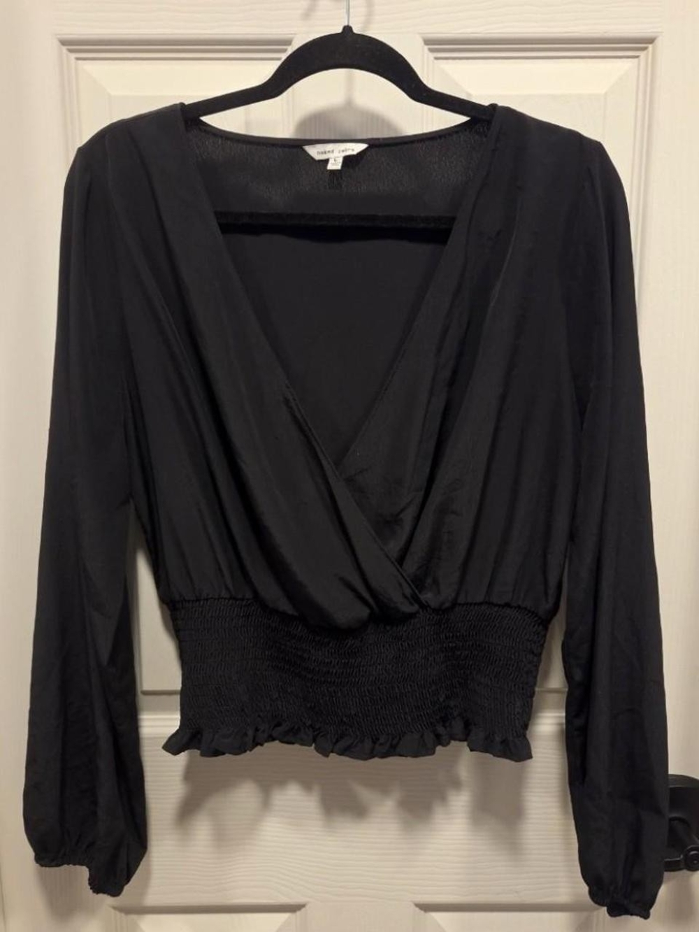 Naked Zebra Black Long-Sleeve Wrap Top with Smocked Waist
